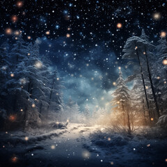 Winter forest at night with snow and magical lights. Beautiful winter landscape.