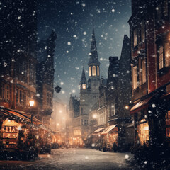 Fototapeta na wymiar Old european town at night with snowfall. Christmas and New Year holidays concept. Winter cityscape of Amsterdam.