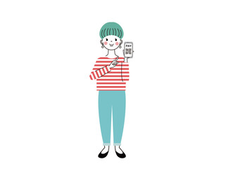 スマートフォンでコード決済の画面を指さしている女性