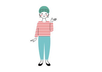 こちらと案内しているポーズで立っている若い女性