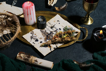 Witch's magic attributes with spell paper sheet, burning candles and dry flowers on dark table