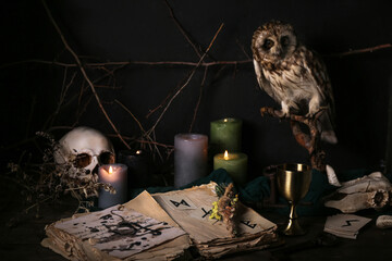 Witch's magic attributes with book, owl and burning candles on dark table