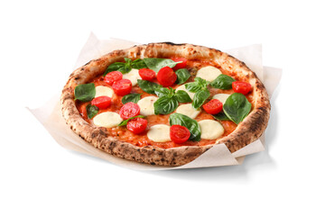 Tasty pizza margarita on white background