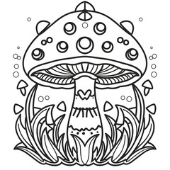 Mushrooms. Black and white  illustration coloring page 