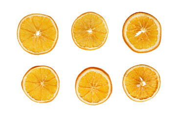 Set of delicious dry orange slices isolated on white, transparent background, PNG. Crispy dried...