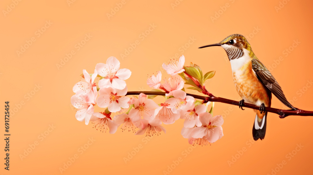 Poster a hummingbird perched on a branch of a cherry tree. monochrome peach fuzz background.