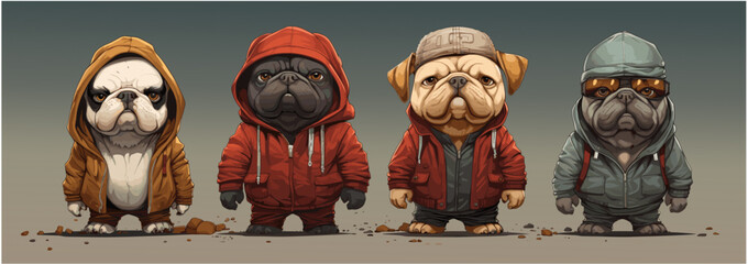 Collection of bulldog dogs with hi-pop clothes