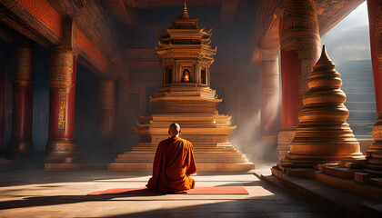 A buddhist monk meditation in an ancient tibetan temple - Generative AI	
