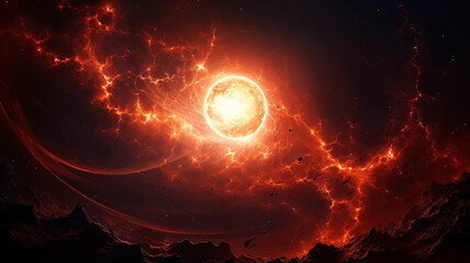 solar storm, astronomical observation solar corona and prominences, observation of the sun cosmic view fictional graphics - obrazy, fototapety, plakaty