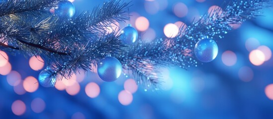 Fototapeta na wymiar Christmas Tree With Ornaments In Blue And Bokeh Lights - Real Fir Branches With Glittering In Abstract Defocused Background