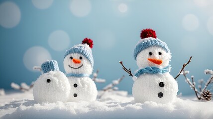 Fototapeta premium little knitted snowmans on softsnow on blue background generative ai