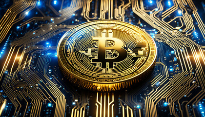 Gold bitcoin coin on electronic circuits - Generative AI	