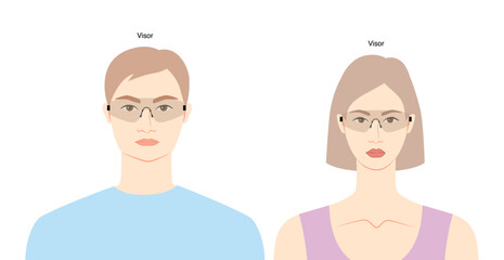 Visor frame glasses on women and men flat character fashion accessory illustration. Sunglass front view unisex silhouette style, rim spectacles eyeglasses, lens sketch style outline isolated on white