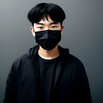 Cute Asian Guy with Black Mask and Outfit with Soft Hairstyle Looking at Camera