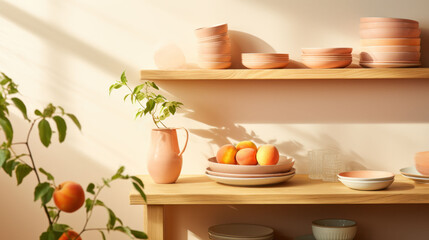 A soft-hued kitchen scene with Peach Fuzz 2024 colored dishes on wooden shelves, creating an inviting and warm home ambiance