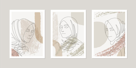 Muslim Women in Hijab, Wall Art, Card set or Posters with abstract Islamic female portraits, Line Art Illustration. Blush pink