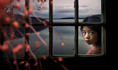 Window Frame Landscape Japanese, Geisha girl looking through a window, lake landscape, dark moody, fine art photography, noir horror spooky eerie arthouse arty bizarre cinematic photo