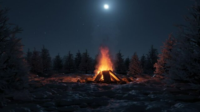 looped bonfire in front of snowy pine trees and moonlight sky