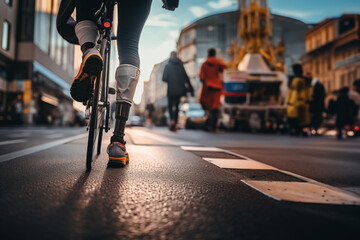Low angle and selective focus view of disabilities people's prosthetic legs of rider who ride bicycle on the street. - obrazy, fototapety, plakaty