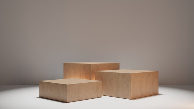 Wooden empty podium or pedestal for product presentation. Set of cube on grey background. 3d rendering
