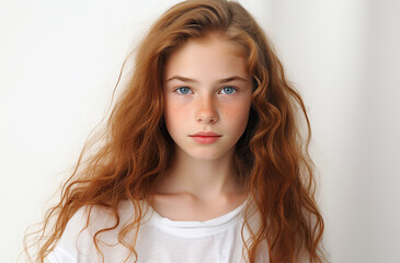 European white young girl looking at the camera with white background