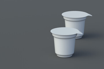 Blank disposable jars for ice cream. Plastic containers for yoghurt, dessert or cheese on black background. Packaging for dairy products. Copy space. 3d render