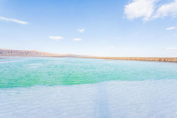 Beautiful view of sky mirror at Mangya Emerald Lake in Qinghai, China
