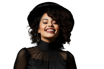 trendy standing smiling size positive portrait plus people 1 lifestyle home healthy hair fashion elegant curly attire casual body confident happy Cheerful female model black stylish wear