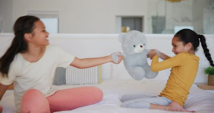 Children, teddy bear and sisters fighting on a sofa in the living room of their home for sibling rivalry. Family, toys and conflict with girl kids arguing over a stuffed animal in their apartment