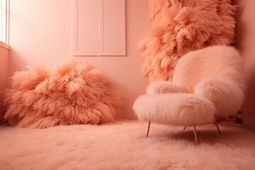 Fluffly living room, Pantone Peach Fuzz tone, generated with AI