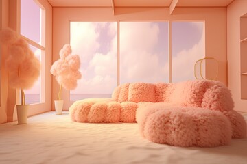 Fluffly living room, Pantone Peach Fuzz tone, generated with AI