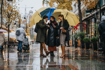 A group of business partners working on business expansion strategies in a rainy city. They discuss project details and financial planning for profit growth.