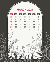 March 2024 with floral design. Hand drawn vector illustration
