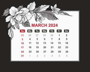 March 2024 with floral design. Hand drawn vector illustration
