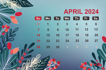 Calendar April 2024 with floral background
