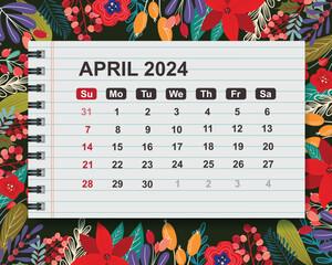 Calendar for April 2024 with floral background. Vector Illustration
