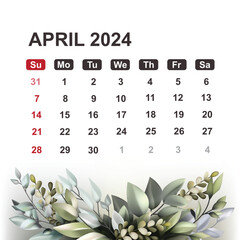 Calendar for April 2024 with flowers and leaves. Vector illustration
