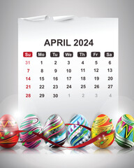 Calendar April 2024 with colorful easter eggs. Vector illustration
