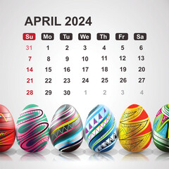 Calendar April 2024 with colorful easter eggs. Vector illustration
