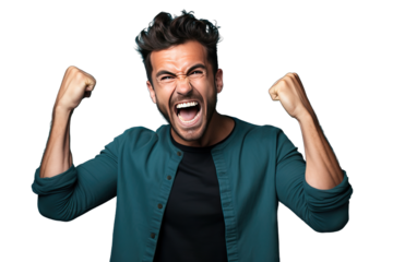 colours beard hair brunette adult style attire casual fashion cool slim photogenic studio portrait model guy male person people Caucasian handsome man isolated blue background celebrating victory