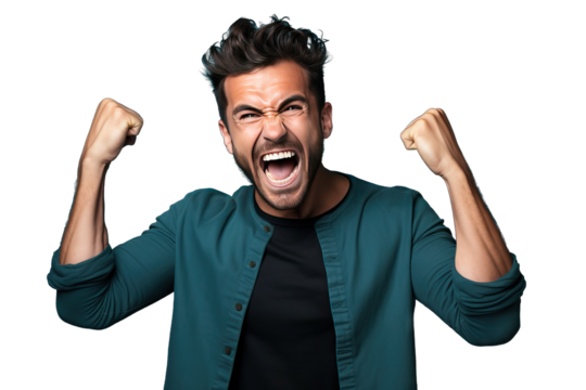 colours beard hair brunette adult style attire casual fashion cool slim photogenic studio portrait model guy male person people Caucasian handsome man isolated blue background celebrating victory - Powered by Adobe