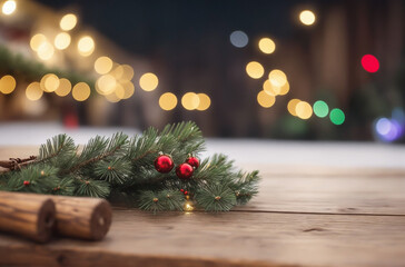  New Year, Christmas Background. Wooden table top against blurry city lights with product place setting