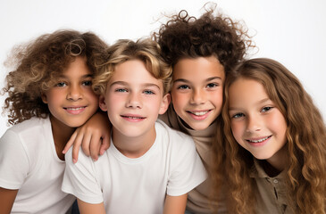 Fototapeta premium Diverse Group of Happy Children: Boys and Girls of Various Ethnicities Looking Joyful with White Background