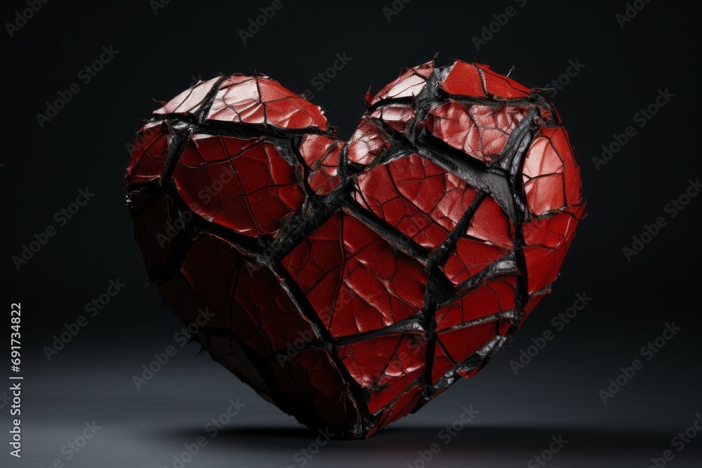 Poster broken heart with cracks. background with selective focus and copy space