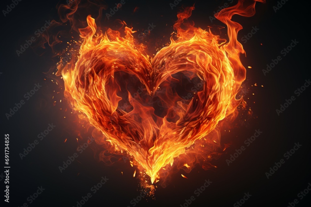 Aufkleber fire flame in the shape of a heart. background with selective focus with copy space