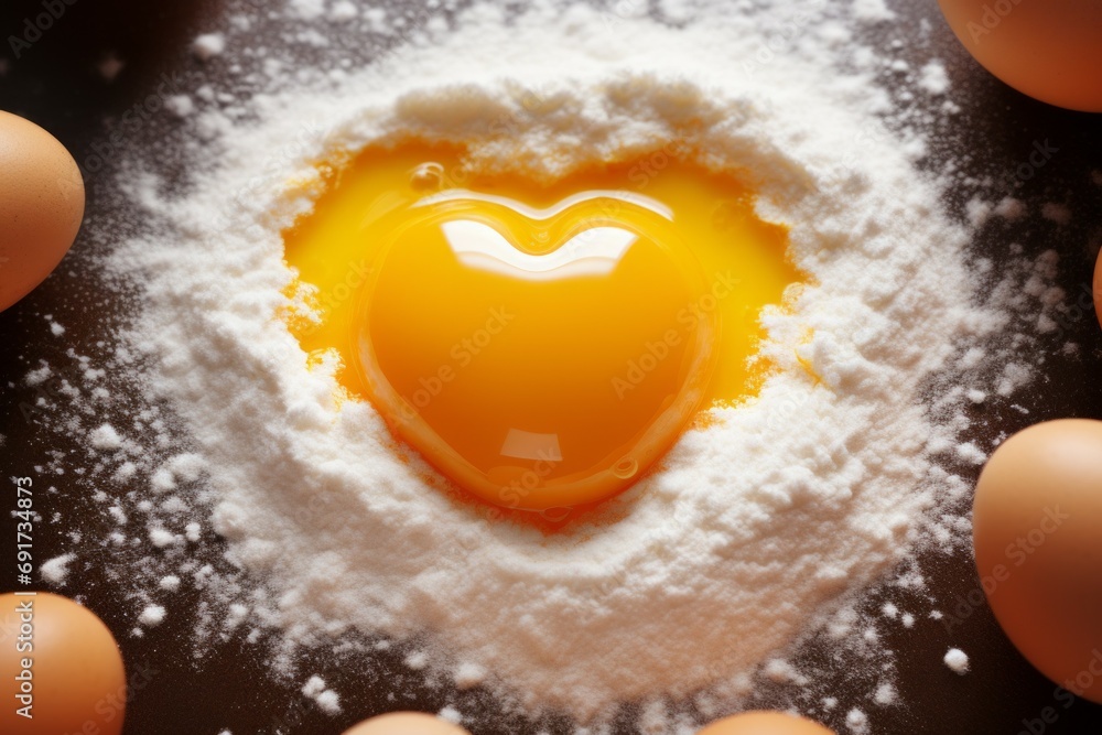 Poster raw egg and flour in heart shape with selective focus and copy space