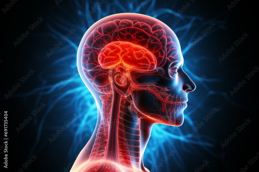 Poster hologram of the human brain. background with selective focus and copy space