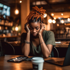 A frustrated woman on a laptop in a cafe. Generative AI. 