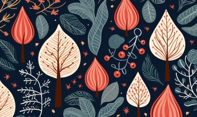 Abstract Retro Christmas Patterns, Background Wallpaper Graphics, Vintage Colours, Arty Fun Joyful, Blues and Reds, Navy Blue Background, Botanical Elements, Trees, Leaf, Celebrate, Gift Wrapping - obrazy, fototapety, plakaty