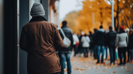 European people queue on street outside.